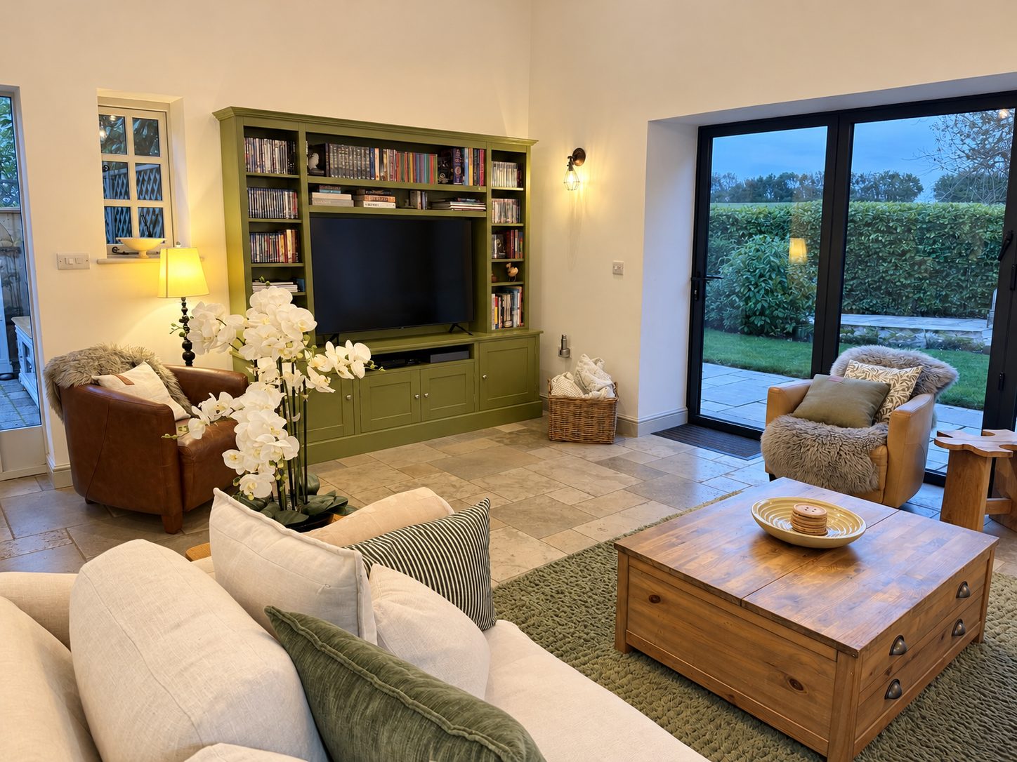 The Coach House living room in the evening with comfortable seating and the new green bookcase